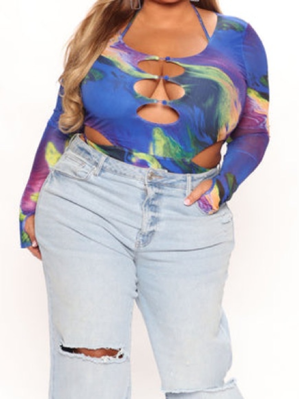 Blue Mesh Cutout Bodysuit